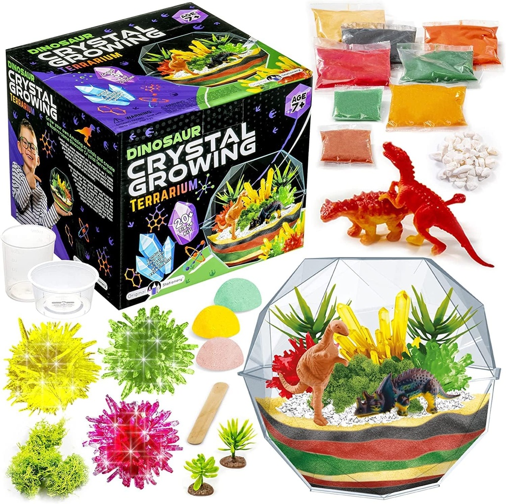 原始文具恐龙晶体生长 Kit - 多彩, 17- Piece, ages 7 & Up - DIY Science Terrarium Kit with Mos & Dino Figures - 生长自己的晶体 - 男孩生日礼物
