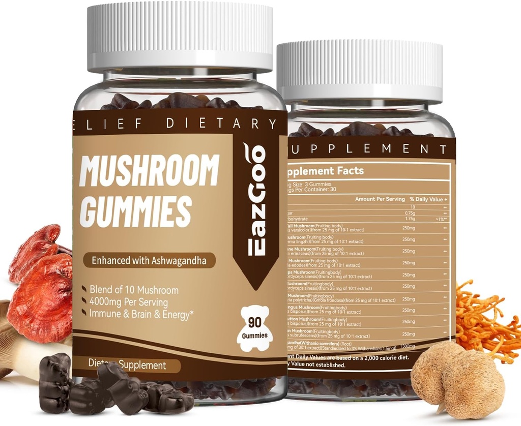 蘑菇Gummys补充剂 -- -- 配有Ashwagandha、Lions Mane、Shitake蘑菇、土耳其Tail、Chaga和Cordyceps蘑菇,用于Immune健康、Mood和压力支持(180 Gummy)
