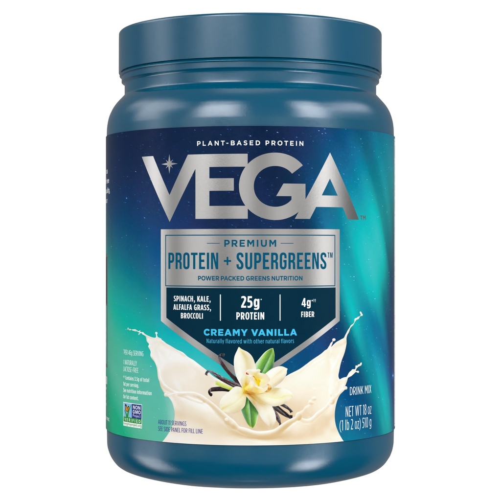 Vega蛋白质和绿皮蛋白质 奶粉 香草(11种) 25g 植物基蛋白质加蔬菜,Vegan,N-GMO, Pea Protein for Men, 1.2磅