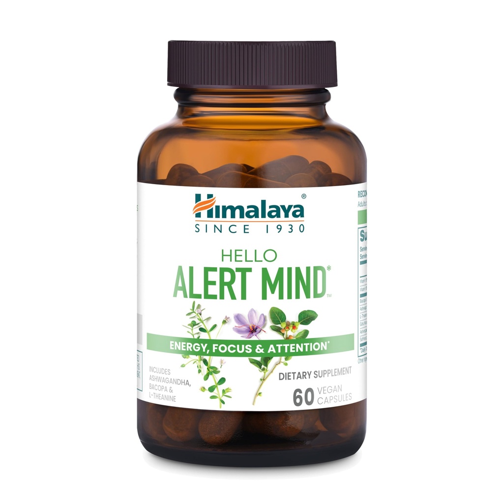 喜马拉雅 Hello Alert Mind with L-Theanine, Ashwagandha, Bacopa, Vitamin B6 & B12, for Energy, Focus & Region, Vegan, Gluten Free, 60 Capsules (英语).