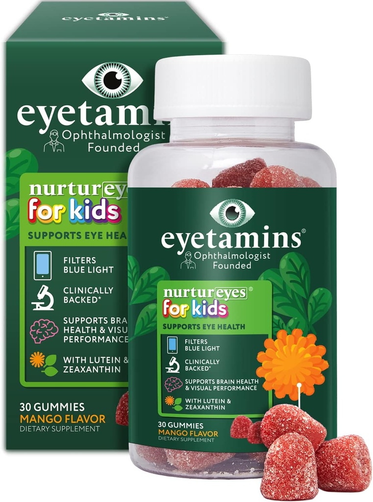 眼障 Nurtureyes 眼科儿童健康Gummy - 30 Easy-to-Chew,Mango Gummys - 眼科医生 - 创建儿童眼科维生素 - Natural, Vegan,和Non-GMO公式