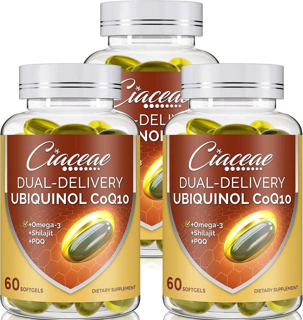 Ubiquinol CoQ10 600 MG 软胶与Omega-3 & Shilajit & PQQ, 高级双联产Coenzyme-Q10, 活性CoQ10 Ubiquinol 增生,抗氧化剂,心脏,脑和能量,180 服务