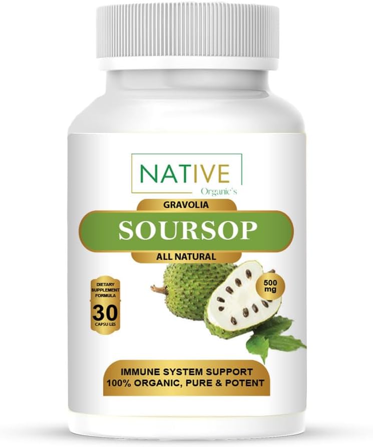 原生有机物Soursop Graviola Capsules - 健康细胞生长和免疫健康 - 基本抗氧化剂和矿物 - 叶片、水果和种子提取物 - 30 Vegan Capsules (500毫克)