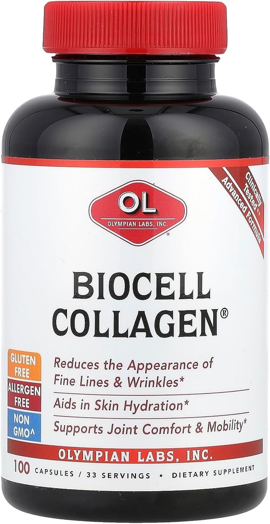 Olympian Labs Biocell Collagen II 1500mg 补充 Capsules Non-GMO, Gluten-Free, Allergan-Free - 支持皮肤与联合健康和卡通生产细胞 - 100 Capsules(33天供应)