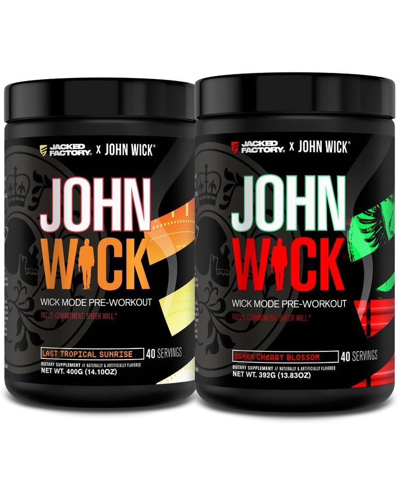 Jacked Factory X John Wick - Wick Mode Pre Workingout Powder - 敏锐的能量,战斗准备焦点,不可阻挡的承诺,以及Sheer Will - 最后的热带日出 & 大阪樱桃花花(80 services)