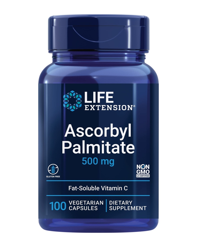 生命延长 Ascorbyl Palmitate 500mg – Fat-Soluble Vitamin C 对免疫支持和长寿的补充 – 水溶液无糖,非GMO, 蔬菜 – 100 Capsules