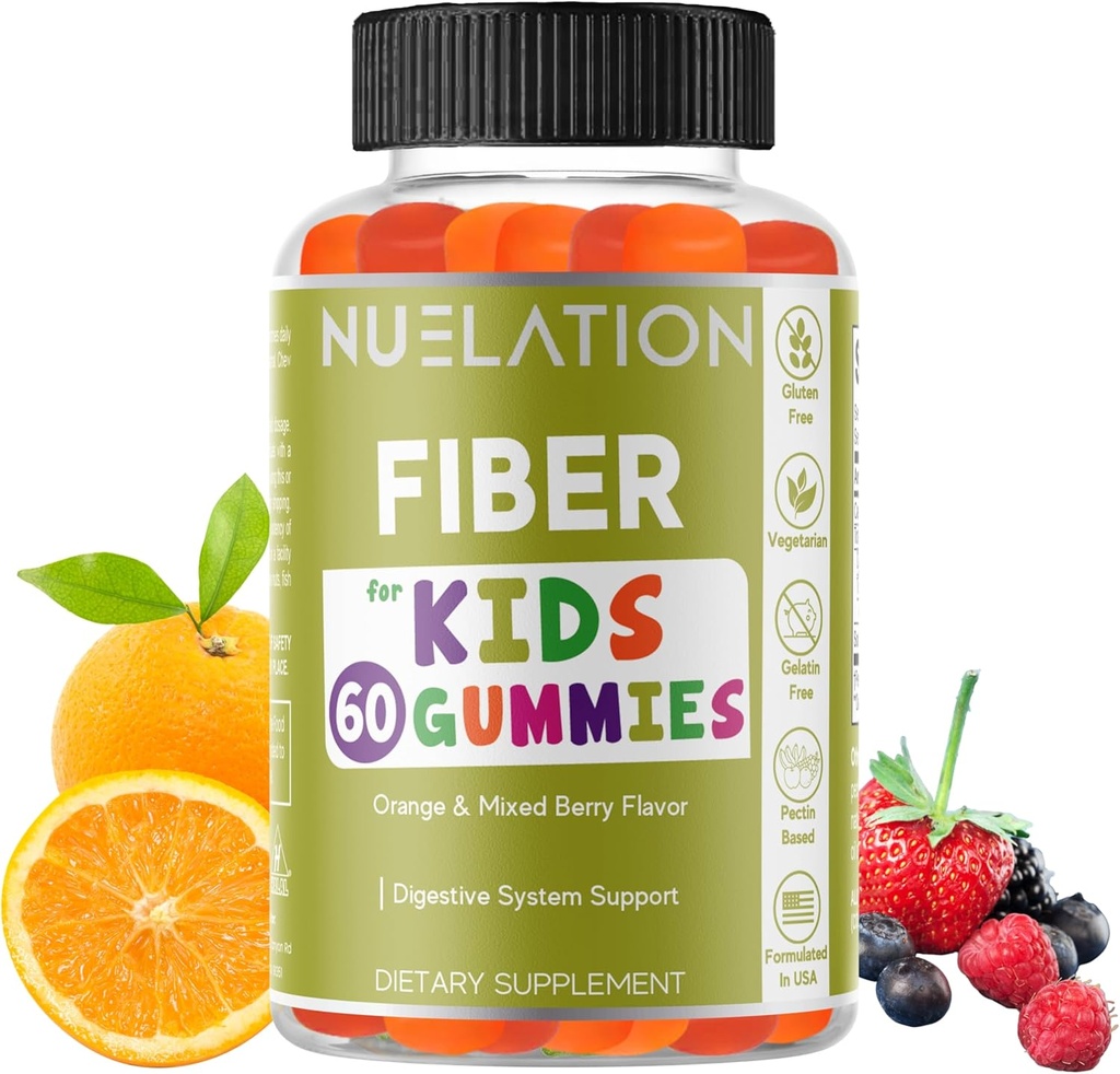 Fiber Gummies for Kids - 60 Count - Vegetarian, Gluten Free, Gelatin Free, Fiber Supplement for Kids - Prebiotic Fiber to Support Digestion, Bowel Movement & Immune Health