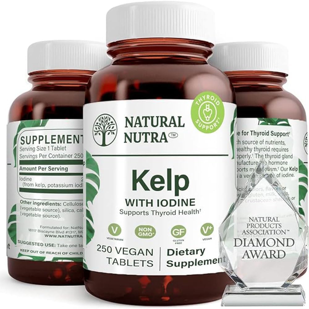 Natural Nutra Kelp碘甲状腺素支持补充剂,加强免疫系统,并规范代谢,Vegan Sea Kelp,非转基因生物,大西洋源海藻提取物,225 mcg,250 Tablets (Pack of 2)