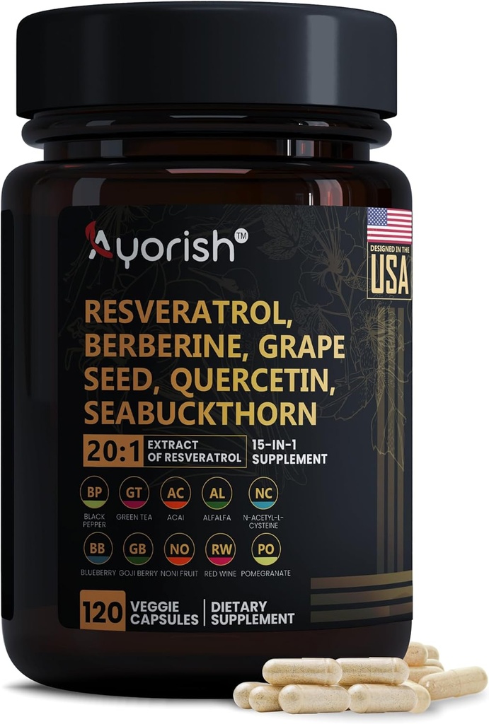 Reveratrol 补充 | Berberine Grape 种子提取 Quercetin 绿色茶叶提取 Acai Noni 多酚 女性和男性补充 N- Acetyl Cysteine NAD 助推 120 计数