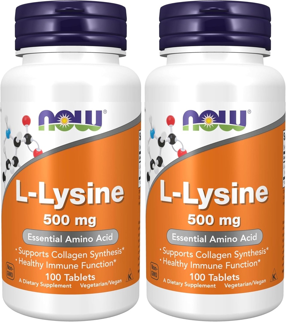 NOW 补充剂,L-Lysine(L-Lysine 氢氯化氢)500 mg,氨基酸,100 Counter(Pack of 2)