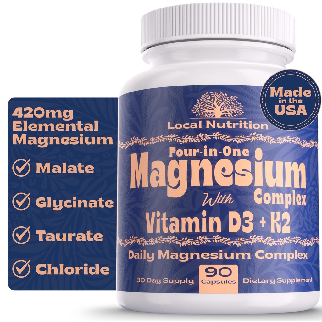 4-in-1 镁复合物 420mg 配有维生素D3 K2 - Premium Magnesium 补充物配有镁 Malate, Bisglycnation (Glycnit), Taulate,和氯化物 90 Capsules在美国制造