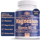 4-in-1 镁复合物 420mg 配有维生素D3 K2 - Premium Magnesium 补充物配有镁 Malate, Bisglycnation (Glycnit), Taulate,和氯化物 90 Capsules在美国制造