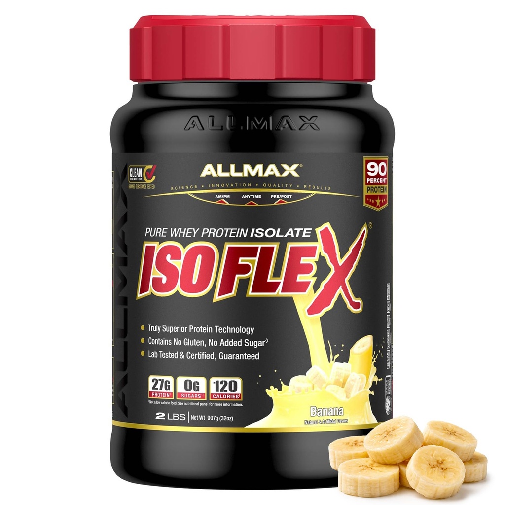 AllMAX 营养 ISOFLEX Whey 蛋白质隔离剂 Banana - 2磅 - 27克蛋白质 Per Scoop - 零脂肪和糖 - 99% 乳糖自由 - Gluten Free & Soy - 大约30种服务