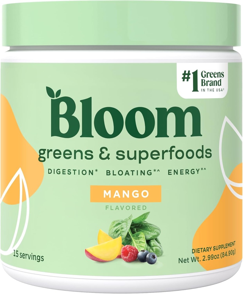 Bloom Nutrition Superfood Greens Powder, Digestive Enzymes w/Probiotics & Prebiotics, Gut Health, Bloating Relief for Women, Chlorella, 15 SVG (15 Servings (Pack of 1), Mango)