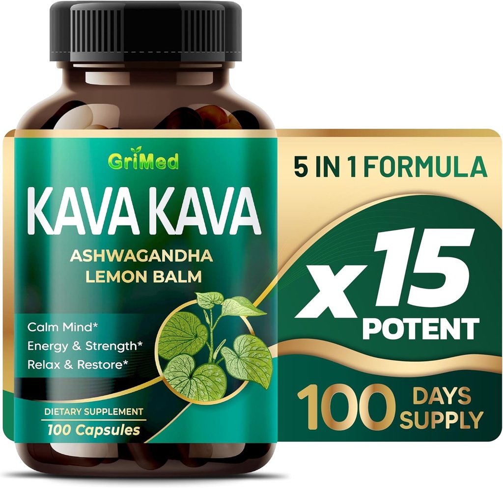 GriMed Kava Kava 19,700mg - X 15 Power with Ashwagandha Lemon Balm - 强力,放松,恢复,冷静 - 美国制造(100 count (Pack of 1))