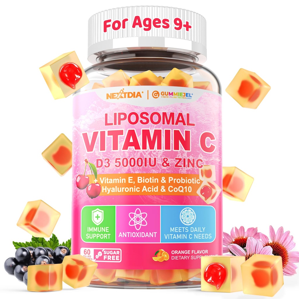 脂质维生素C 1000mg + D3 5000IU + 锌 填充胶类,Folate 800mcg Chewable 补充剂,乳酸的老莓,Hyaluroni酸,VE, 美容,能量和整体健康,无糖,天然