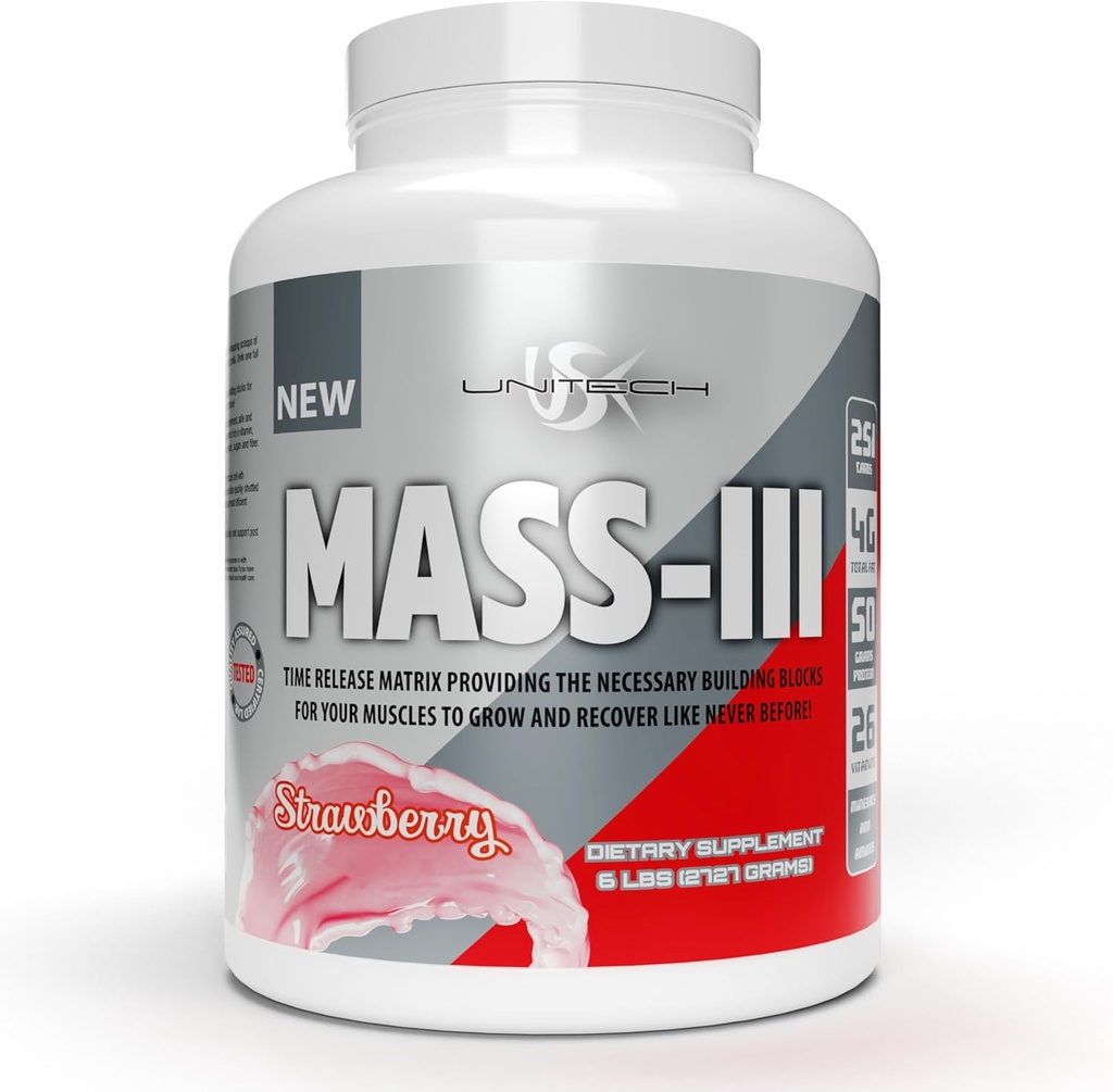 Unitech USK Mass Strawberry Powder \ Absobbable Mass Gainer 补充 → 蛋白质、维生素、矿物 → 蛋白质孤立和集中 → 支持肌肉生长和复苏 → 草莓 Flavor, 96oz