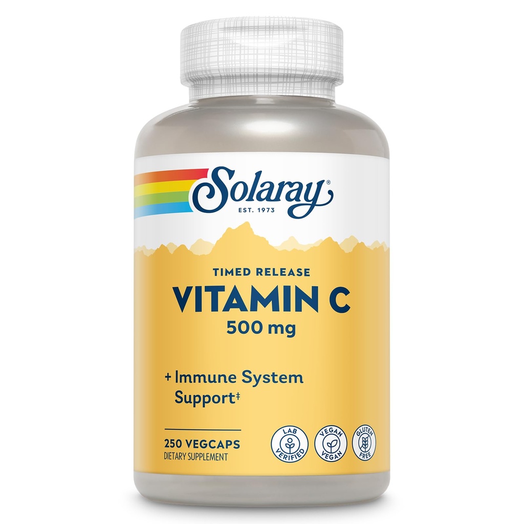 SOLARAY维生素C500mg,双节时释放-抗氧化剂和免疫支持补充-维生素C,配有Rose HIPS和Acerola,Vegan,Gluten Free,60天保障,250个服务,250个Veg Caps