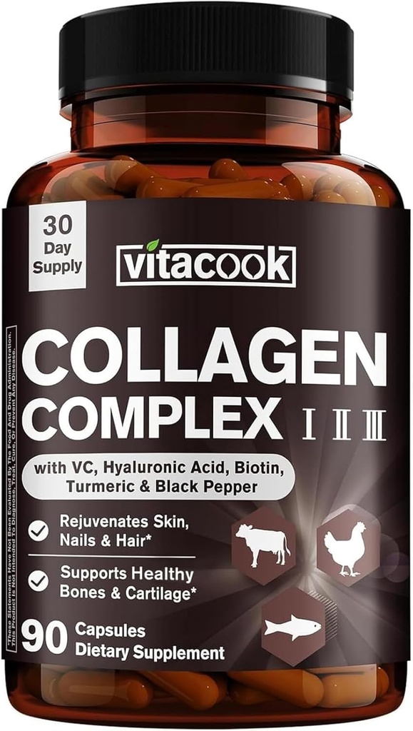 Collagen Peptides Complex,类型为I,II,III,2025 MG,水解多Collagen,VC,Biotin,HA,Turmeric & Black Pepper,用于皮肤,毛发,Nails,90 Caps