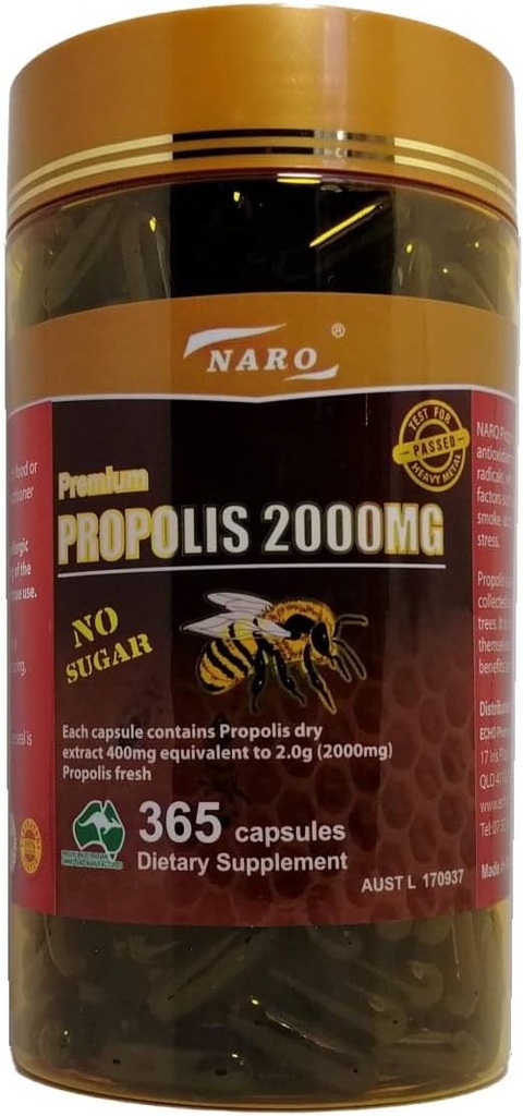 Naro Bee Propolis摘录 2000mg Premium Eucalyptus 暗 365 Capsules 澳大利亚制造