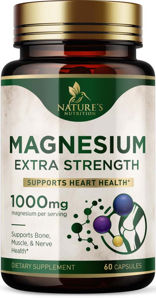 镁矿物补充1000 mg - 骨骼、心脏健康、神经和肌肉支持的高钾镁酸盐,全体支持天然镁复合物,美国瓶装60 Capsules