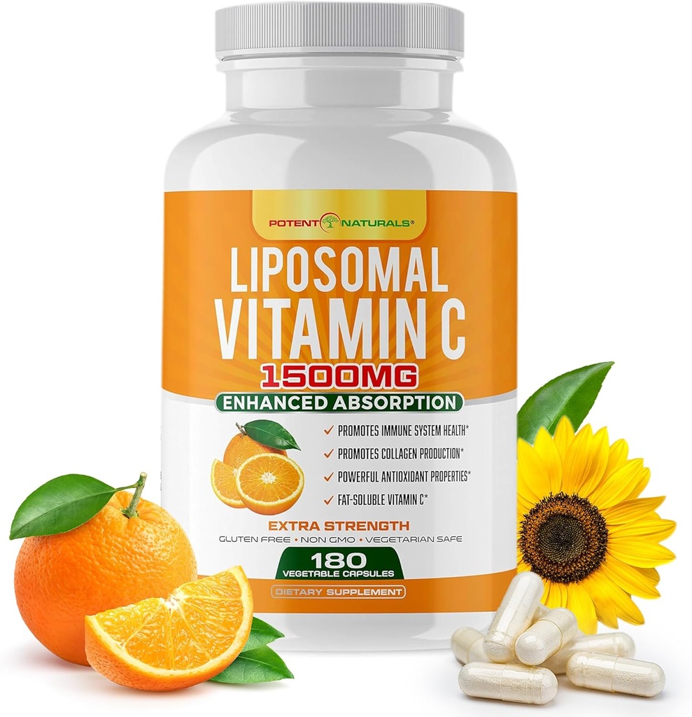 Liposomal维生素C 1500mg,维生素C补充剂-高吸附性酸-免疫-支持补充剂和帮助Collagen生产-180卡普尔