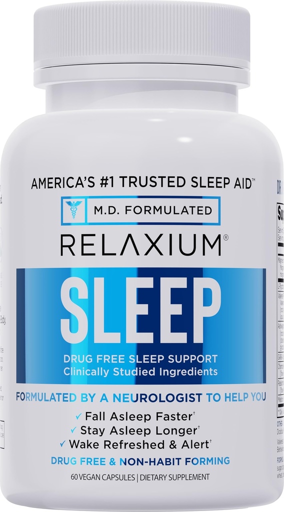 Relaxium睡眠援助 – 成人专业强力公式 → 5mg Melatonin, Glycnit镁, Valerest & Ashwagandha → 非哈比人形成睡眠支持 → 60 Capsules, 30天供应