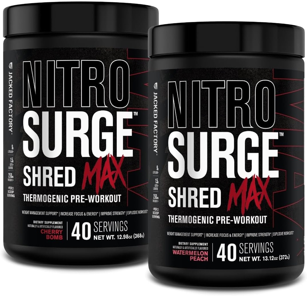 Jacked Factory Nitrosurge Shred Max Preworkout - 配有L Citrulline,乙酰L Carnitine,有机咖啡因的高性能热能预工作粉 - 80 services, Cherry bomb and Weatelon Peach 的80 services, 樱桃弹和西瓜桃