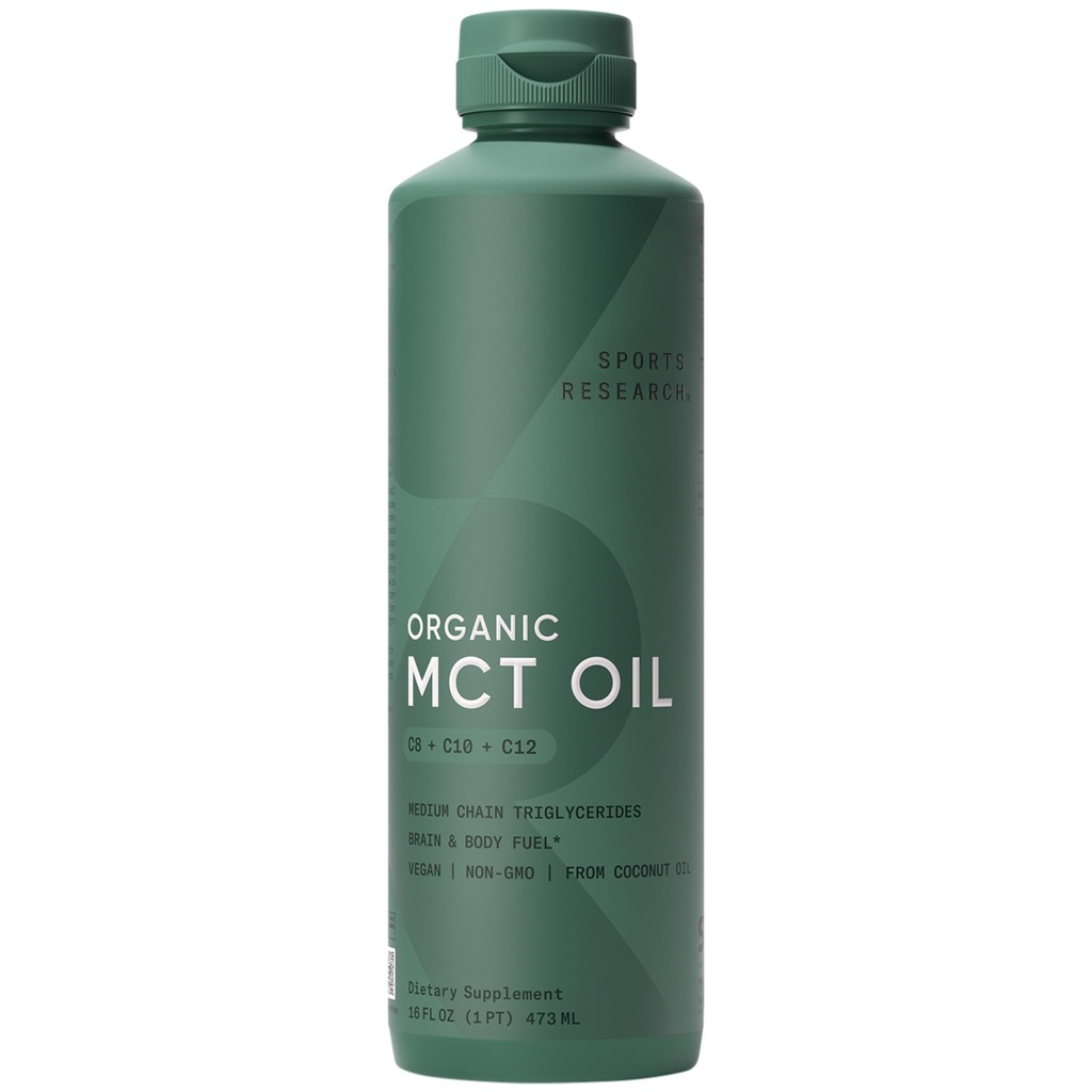 Sports Research® Organic MCT Oil 16oz - Full Spectrum (C8, C10, C12) Sourced from Coconut Oil - Keto Brain & Body Fuel* - Vegan Certified · Non-GMO · Informed Choice Certified - Unflavored