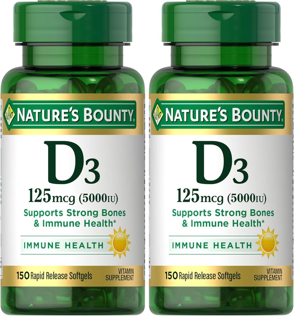 大自然的丰产维生素D3,Immune and Bone Support, 5000IU, 快速释放软胶, 150 Ct (Pack of 2)