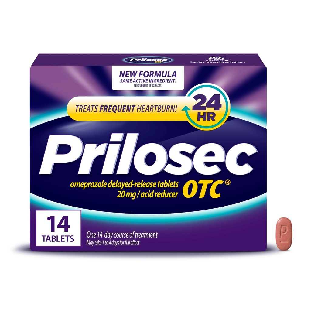 Prilosec OTC, Omeprazole Delayed Release 20mg, Acid Reducer, Treats Frequent Heartburn for 24 Hour Relief, All Day, All Night*, Heartburn Medicine, 20mg, 14 Tablets