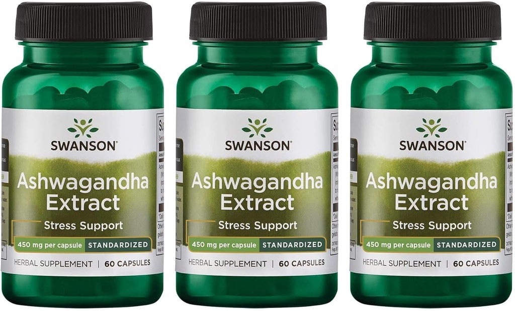 Swanson Ashwagandha 提取-自然补编,促进健康应激反应、能源支持和神经系统健康-自然健康补充(60 Capsules,每套450毫克)(3包)