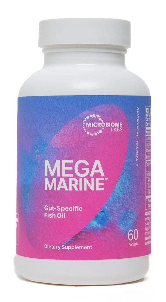 微生物实验室 MegaMarine Omega 3 鱼油补充剂 - Gut-Special EPA DHA Omega 3 与 Gut健康政治部的辅助剂 - 支持Immune & Gut障碍功能(60 Softgels)