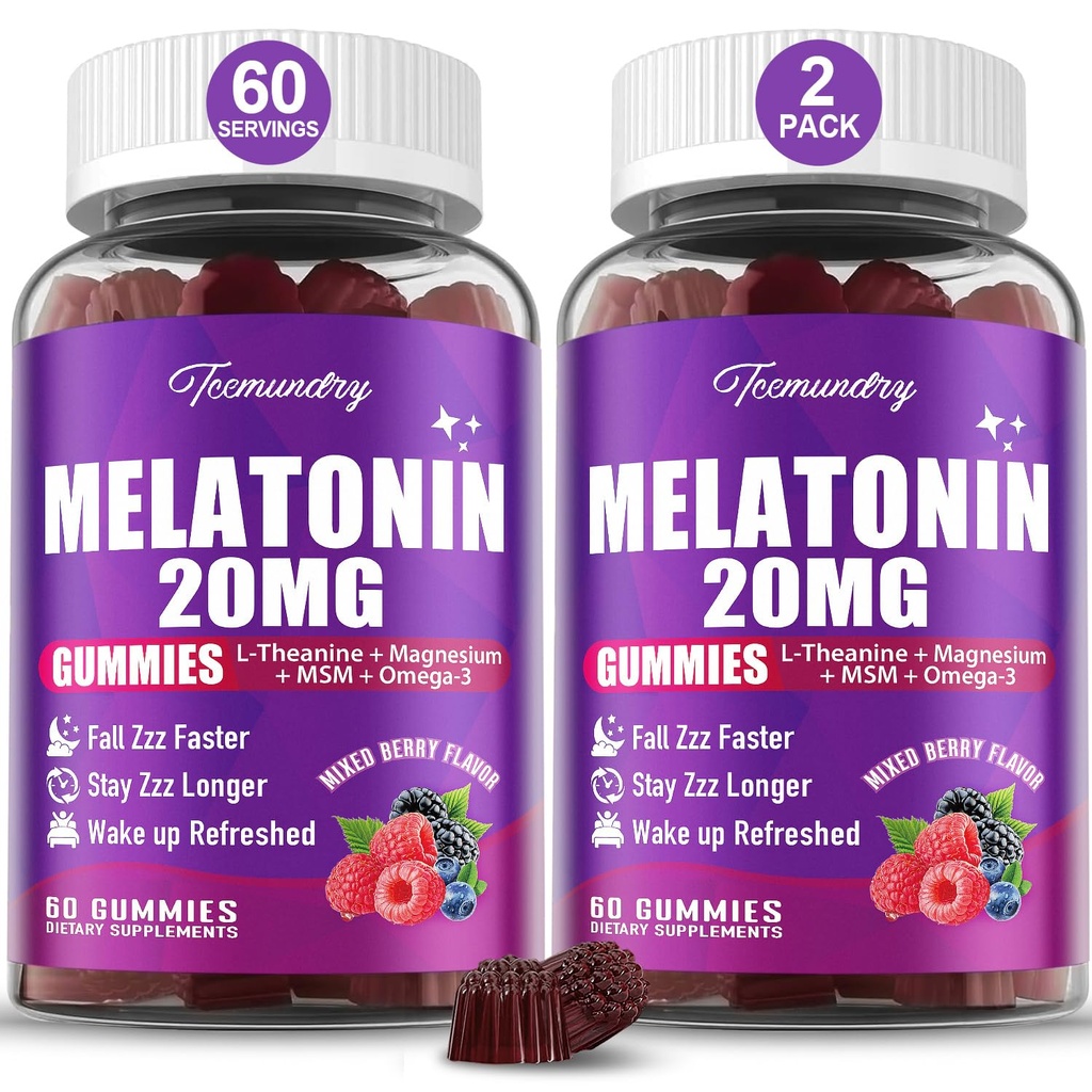 Melatonin Gummys 20 mg for Adults - 最大力量 Melatonin Gummys with L- Theanine, Magnesium, Omega-3, MSM, D3 & Zinc - 非哈比特成型, Vegan, 非 GMO, 天然混合莓火花