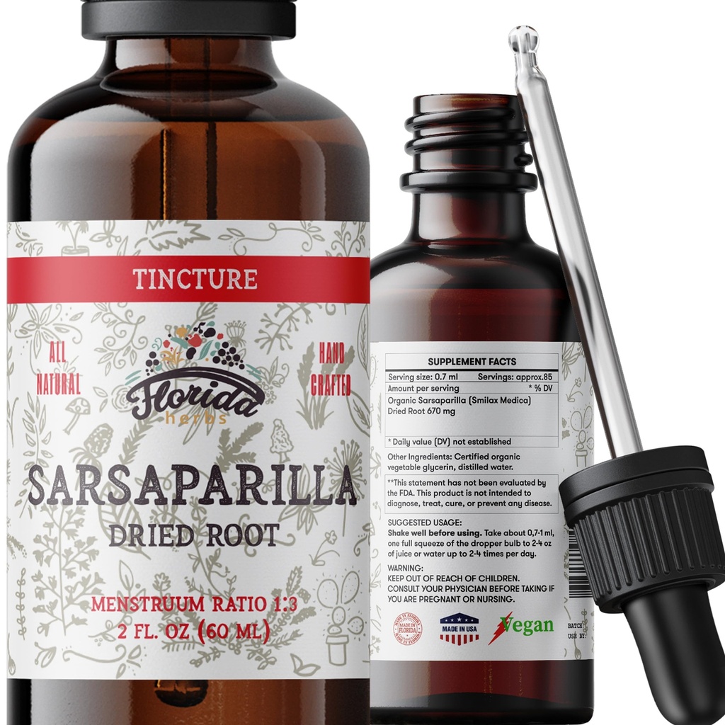 Sarsaparilla Tincture,有机Sarsaparilla 提取物(Smillax Medicana) 干根,冷前置有机蔬菜中的非GMO 2 oz, 670 mg