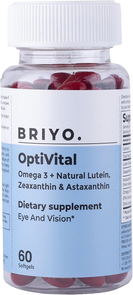 Briyo Optivital眼部健康补编,配有Lutein, Zeaxanthin, Astaxanthin 和 Omega 3 – 支持视觉清晰度,Screen Fatigue Relief 和长期视网膜健康 – 每天1个,60软胶