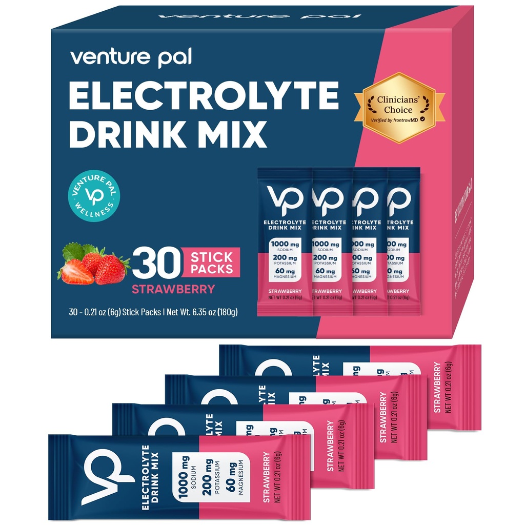 Venture Pal High Sodium Sugar Free Electrolytes Powder Packet - 带有维生素,钠和钾的水解包 → 零卡路里 → Vegan, Keto & Paleo 友好电解质 饮料 – 30 棒