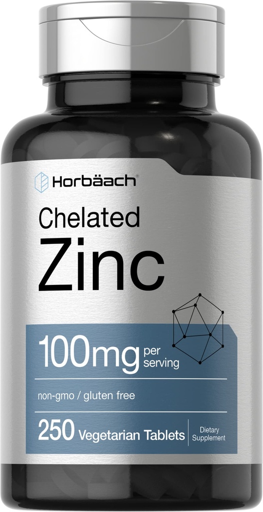 Horbäach Chelated Zinc 补充100mg → 250平板电脑 → 高概率和高级吸收 → 蔬菜、非GMO、Gluten Free