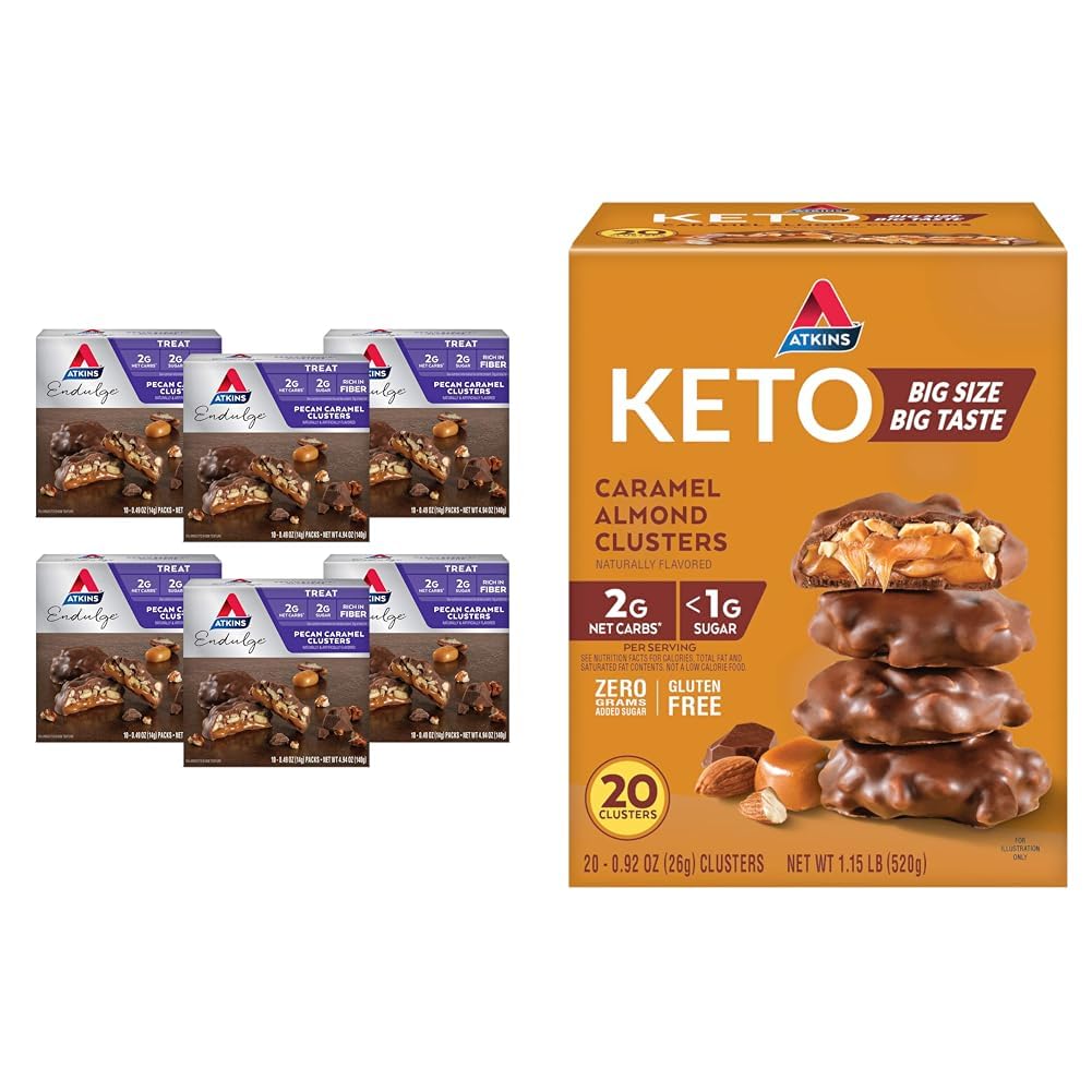 Atkins Pecan Caramel & Caramel 杏仁组群,60 & 20 计数,高纤维,低糖,低碳