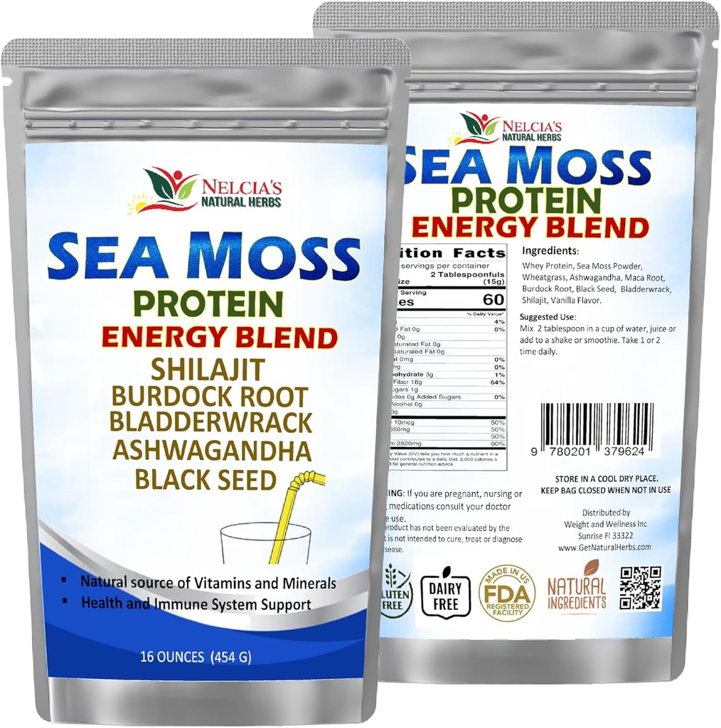 NELCIA的天然HERBS海 Moss Ashwagandha 蛋白粉 - 爱尔兰自然海 Moss, Bladderwrack和Burdock根,黑种子和Shilajit粉(16oz)