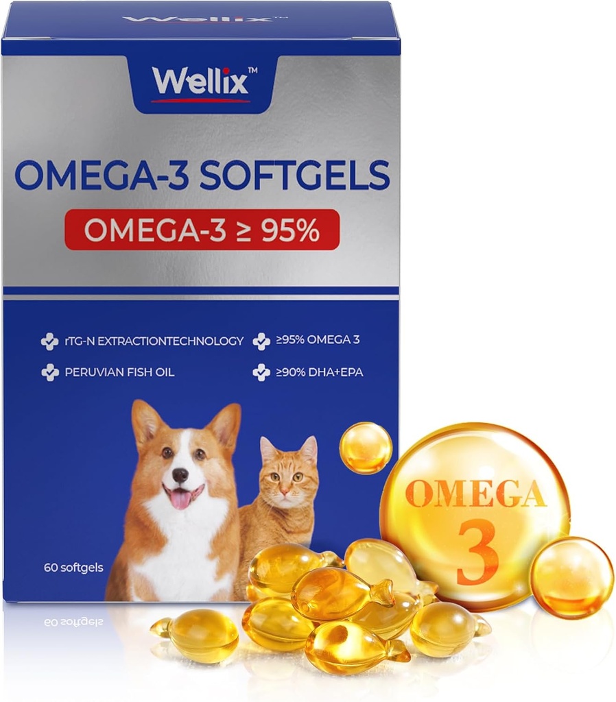Wellix Pure Omega 3 Fish Oil for Dogs & Cats, Skin and Coat Suppless for Shedding, 推广心脏,皮肤, Coat, Joint & Immune Health, 95%以上 Omega 3, 富于环保局+DHA, 60软胶