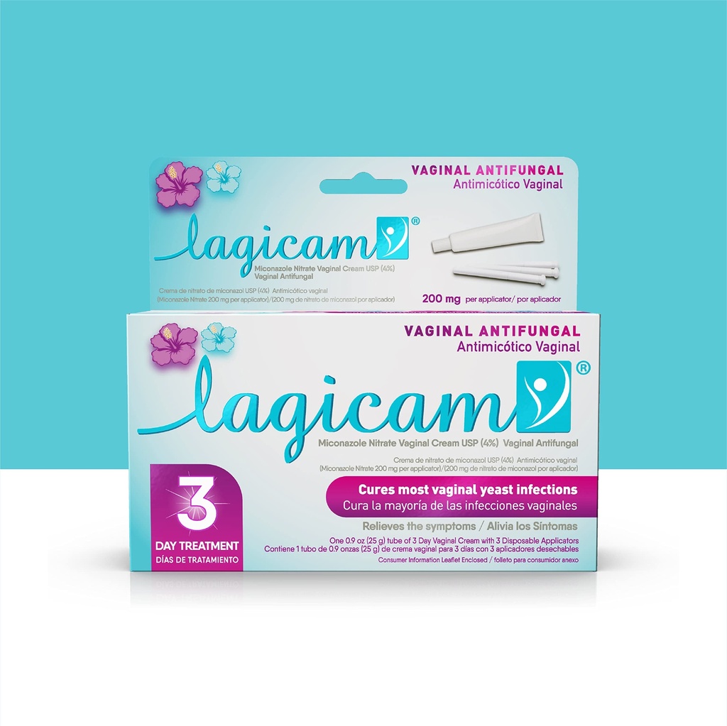 Lagicam 3天的阴道Yeast感染治疗,第1天开始工作, Miconazole Nitrate, 抗风霜缓解痒痛和刺激, 3名可处置的应用者和奶油(1包)