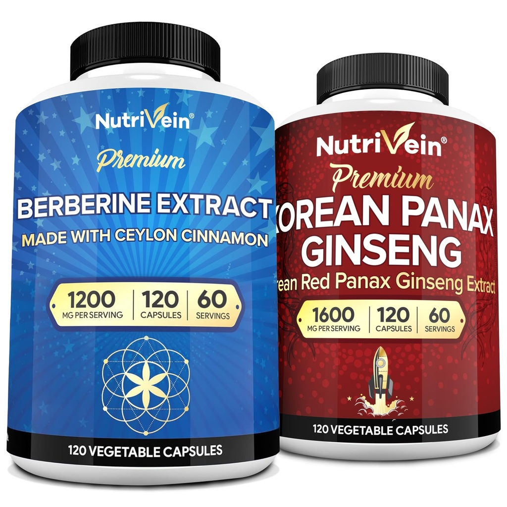 Nutrivein Premium 韩语Panax Ginseng 补充语 & Berberine 补充语 Bundle:高吸附语 Berberine 复合语 & Genuine Red Ginseng Bundle 用于日常的清晰性,生命性,以及健康性