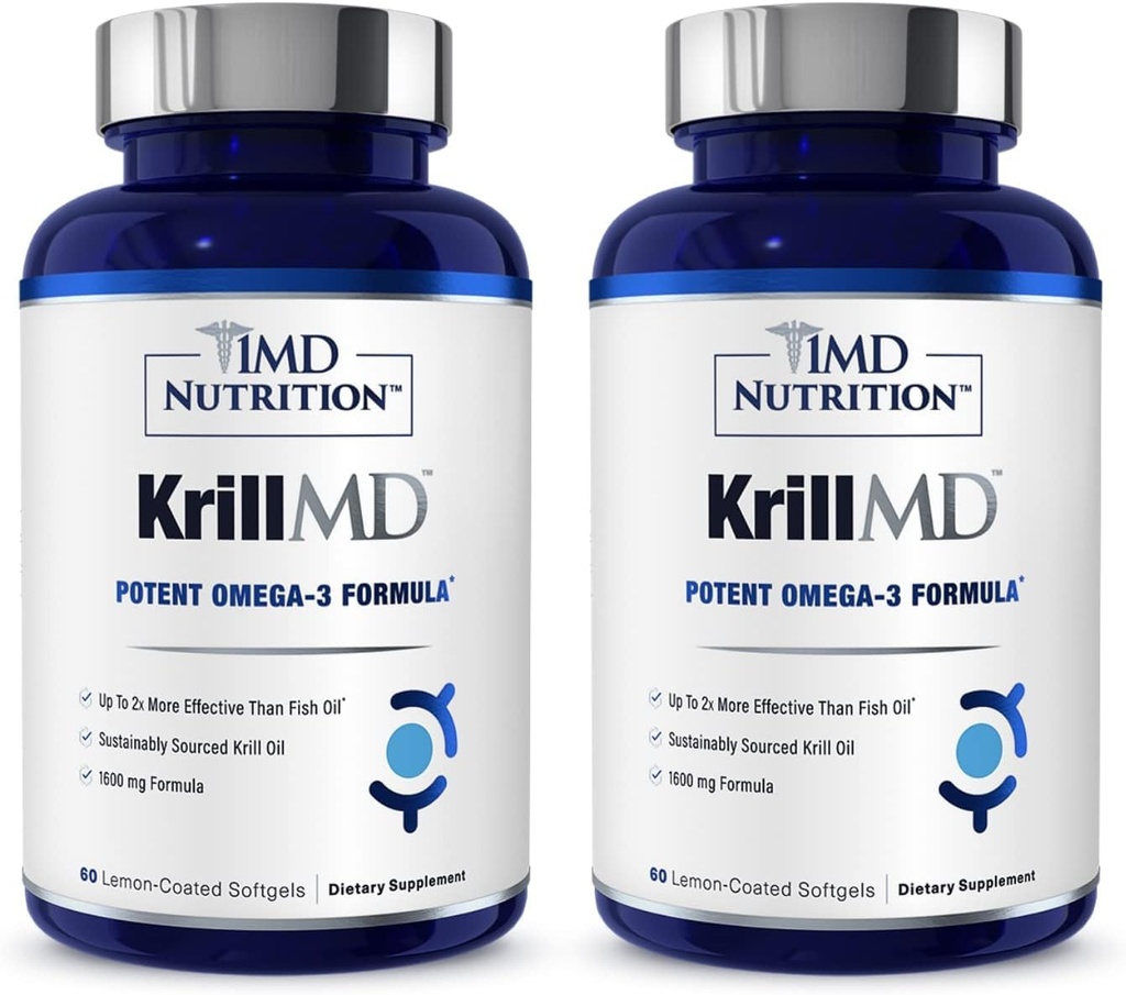 1MD 营养 KrillMD - 南极Krill油 Omega 3 与 Astaxanthin, EPA, DHA QX 2X 与鱼油 QQ 60 Softgels (2-Pack) 相比效果更好