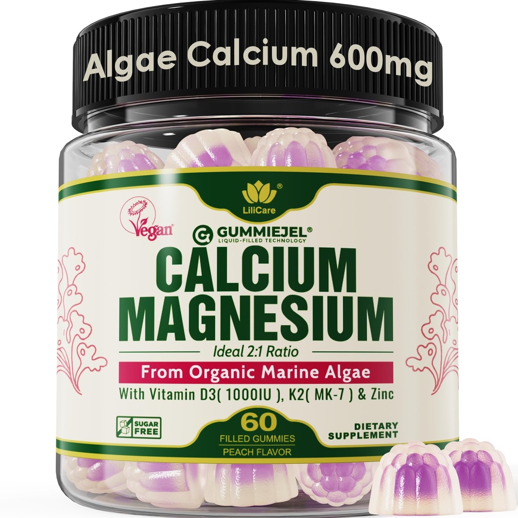 以植物为原料的钙(Gummys 600mg)与维生素D3 K2,镁,锌换骨强,来自可持续有机红藻的无糖性钙(Cerifed Vegan)补充品-60个