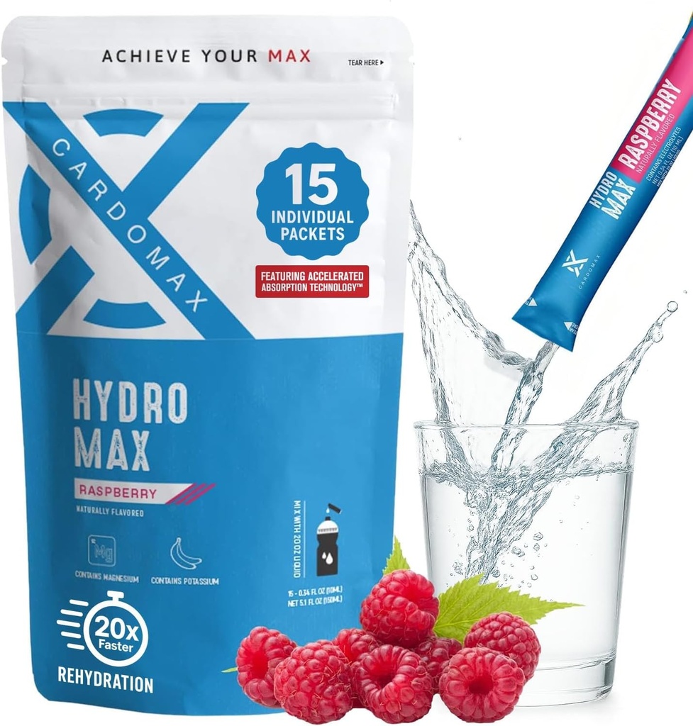 Hydromax 电解质饮料混合剂 — Raspberry 15 带有钾和镁的液体包装 — Zero Sugar, Keto & Vegan Electrolytes for Rapid Hydrotion & Recoveration Super
