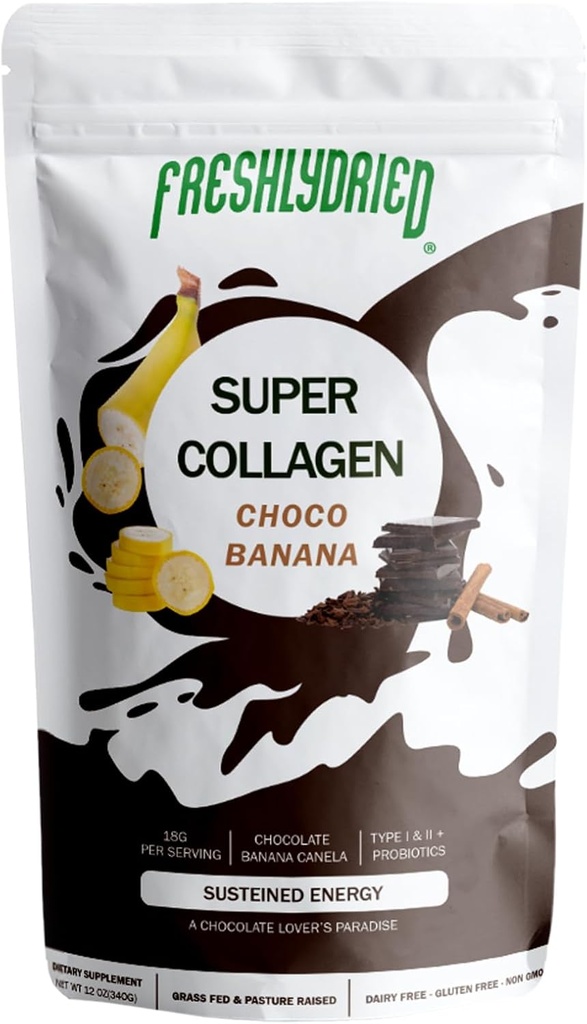 新鲜的Colagen Peptides & ChocoBanana Powder – 支持头发,皮肤,钉子,骨骼和关节 – 类型I & III Grass-Fed Colagen + Probiotics – 巧克力香蕉肉桂火焰 – 10 services, 6 oz
