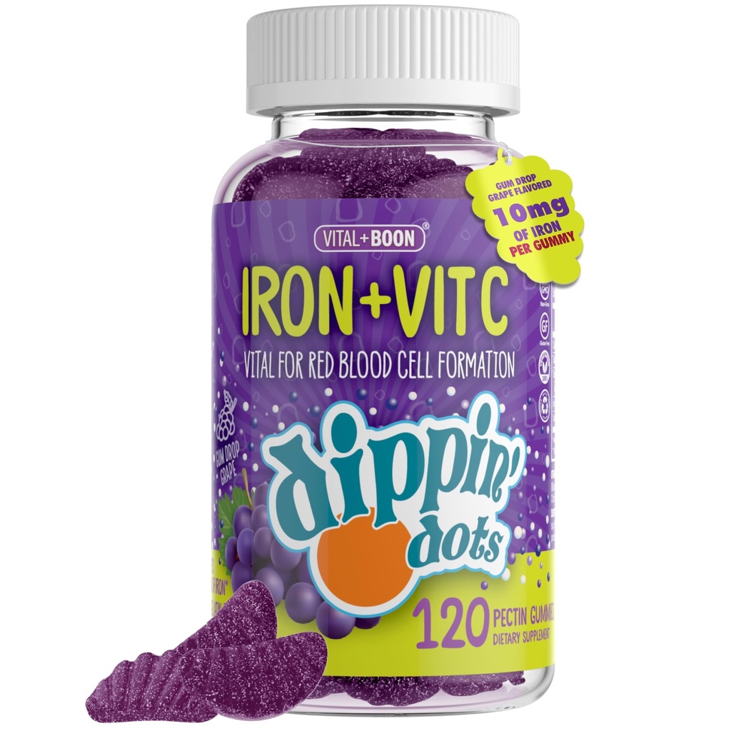 铁与维生素C & B12 Gummys (120 count) 对红血球形成至关重要 QQ Gum Drop Grape Real Pectin 果汁补充 QQ Vegan, Non-GMO, Gluten Free & Gelatin Free