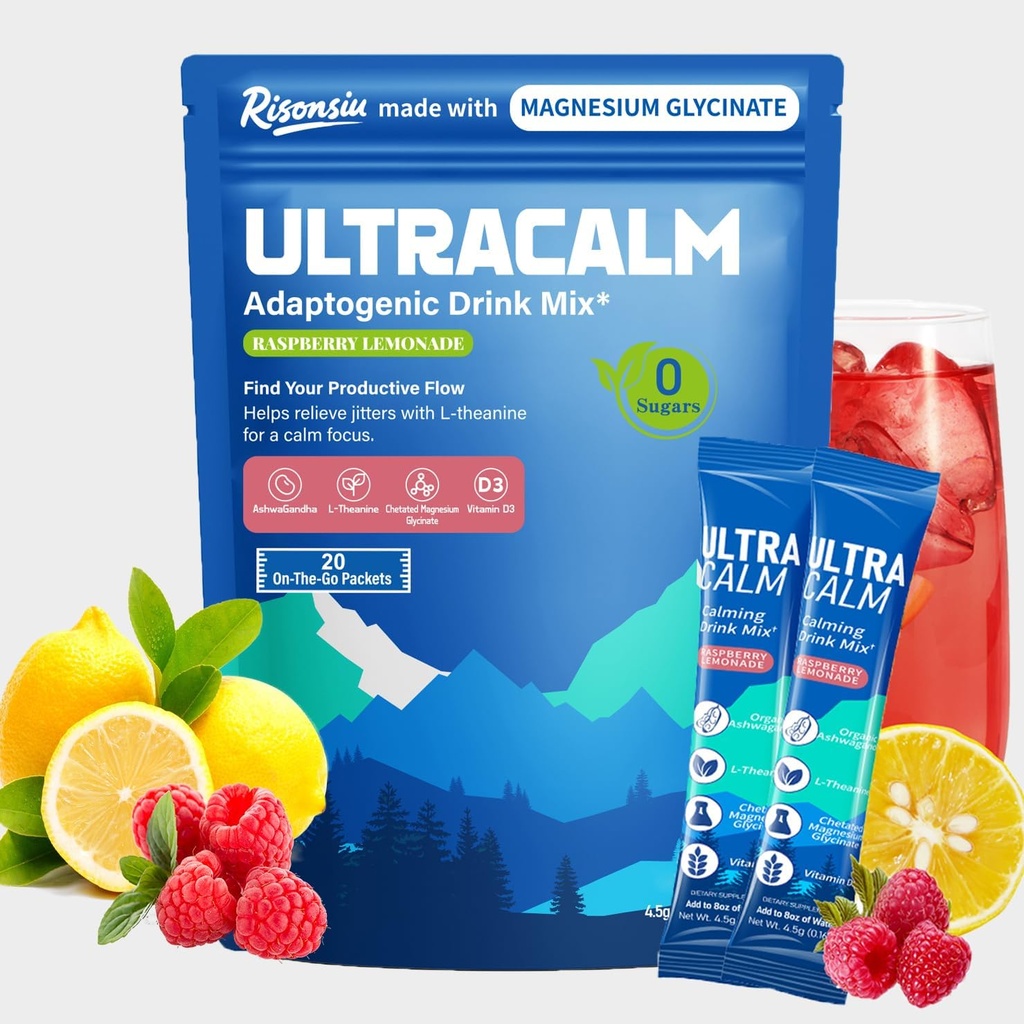 与甘油镁、Ashwagandha、L-Theanine、维生素D3、麦片粉用于缓解睡眠和压力、Raspberry柠檬汁(20种服务)一起饮用