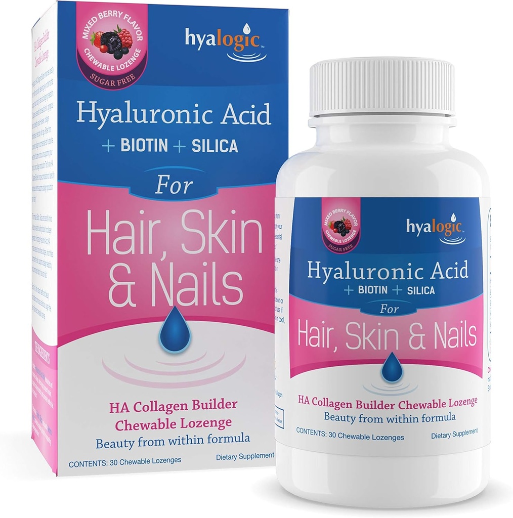 Hyalogic Hair Skin & Nails Hyaluronic Acid Collagen Builder – 美味的贝里 Flavored Collagen Boot Chewable Lozenges – 糖自由Vegan Collagen理想 增强你的自然美感 – 30 Counter